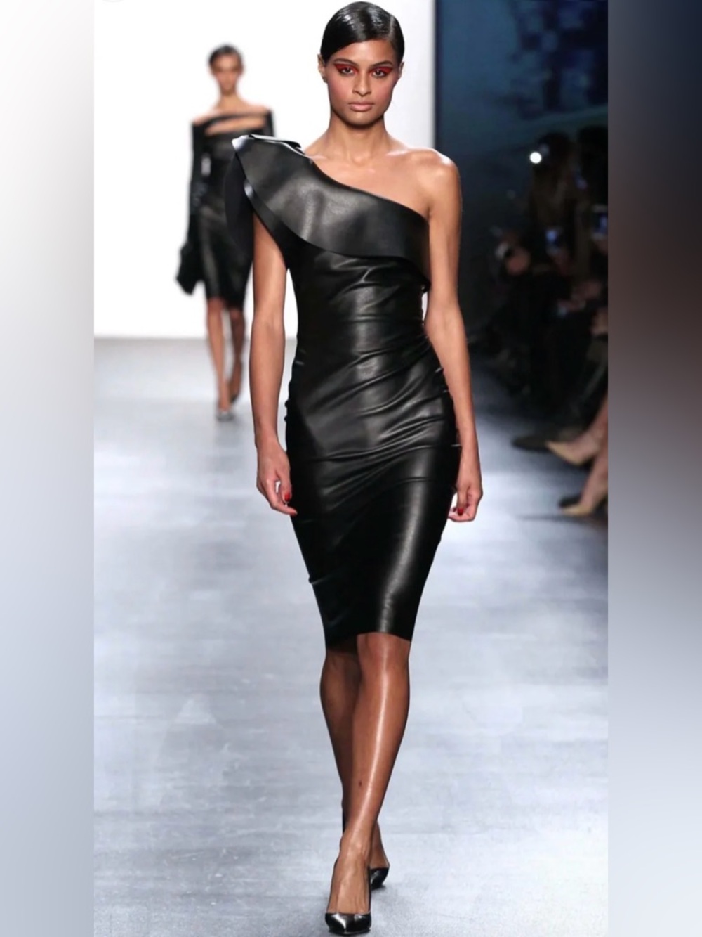 Chiara Boni Black One-Shoulder Leather-Look Midi Dress